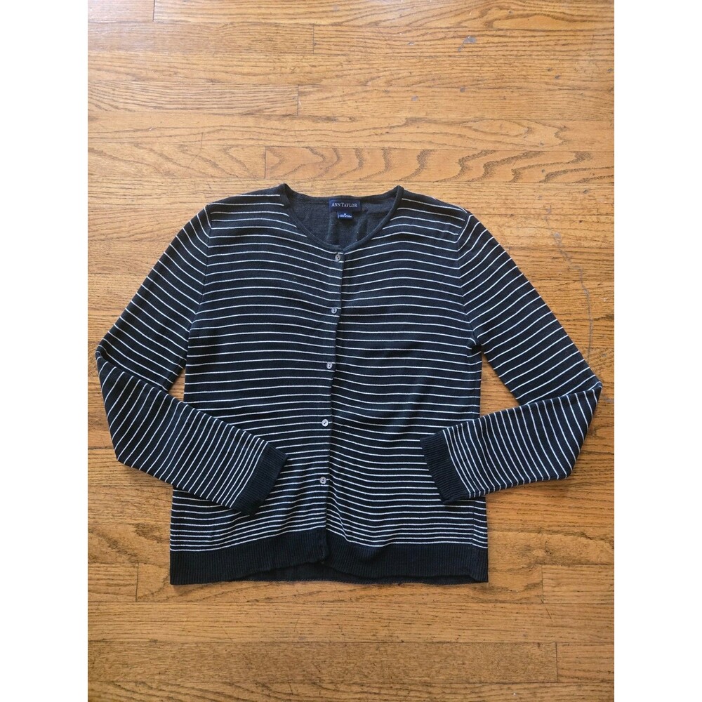 Ann Taylor 100% Silk Black Striped Long Sleeve Cardigan Sweater Size Medium